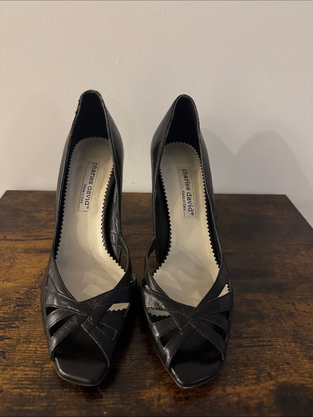 Charles David Made in Italy Black Peep-Toe Leather Heels